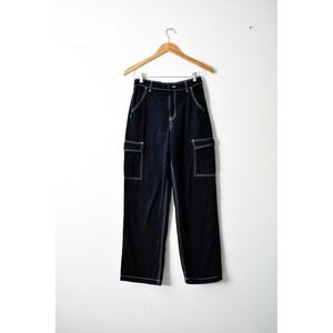 H&M Divided Cargo Pants Women Size 2 Black Excellent Contrast Stitch Wide Leg